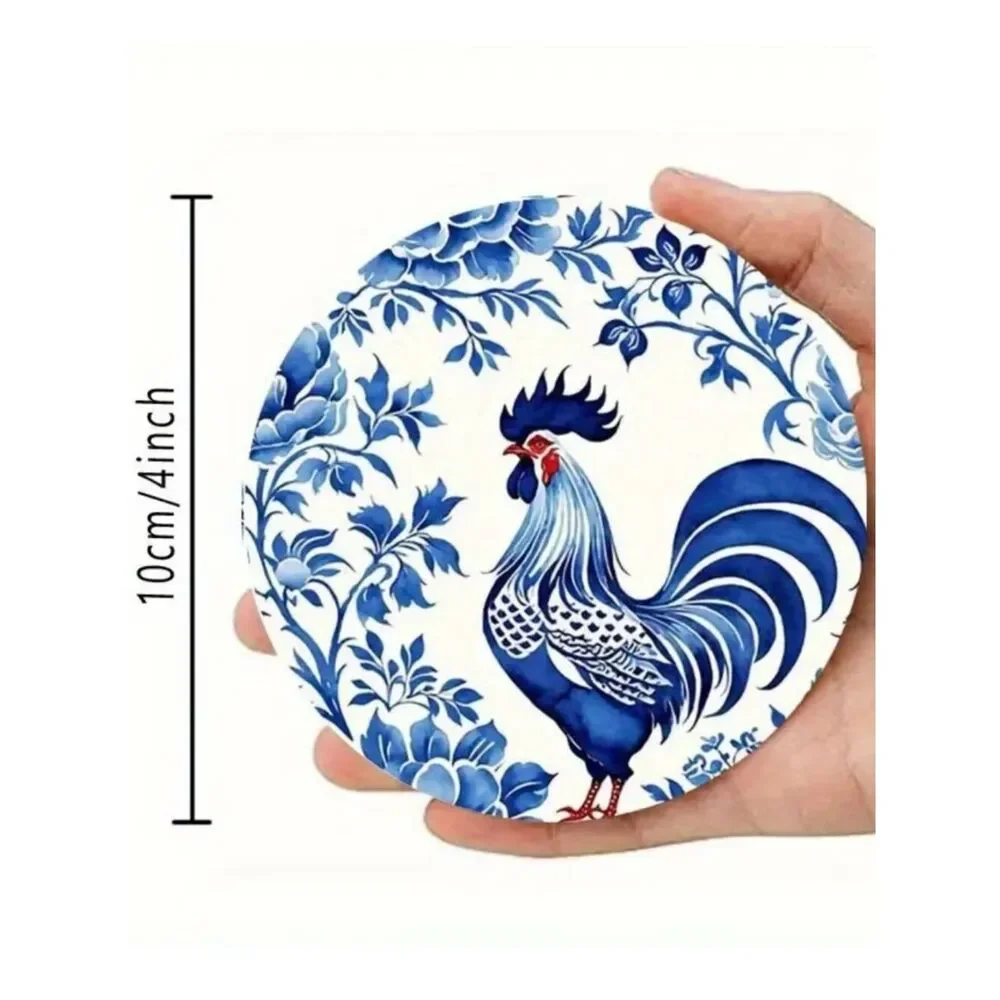 NWT 6pc Blue White Rooster MDF Wooden Coaster Set Chinoiserie Farmhouse Decor